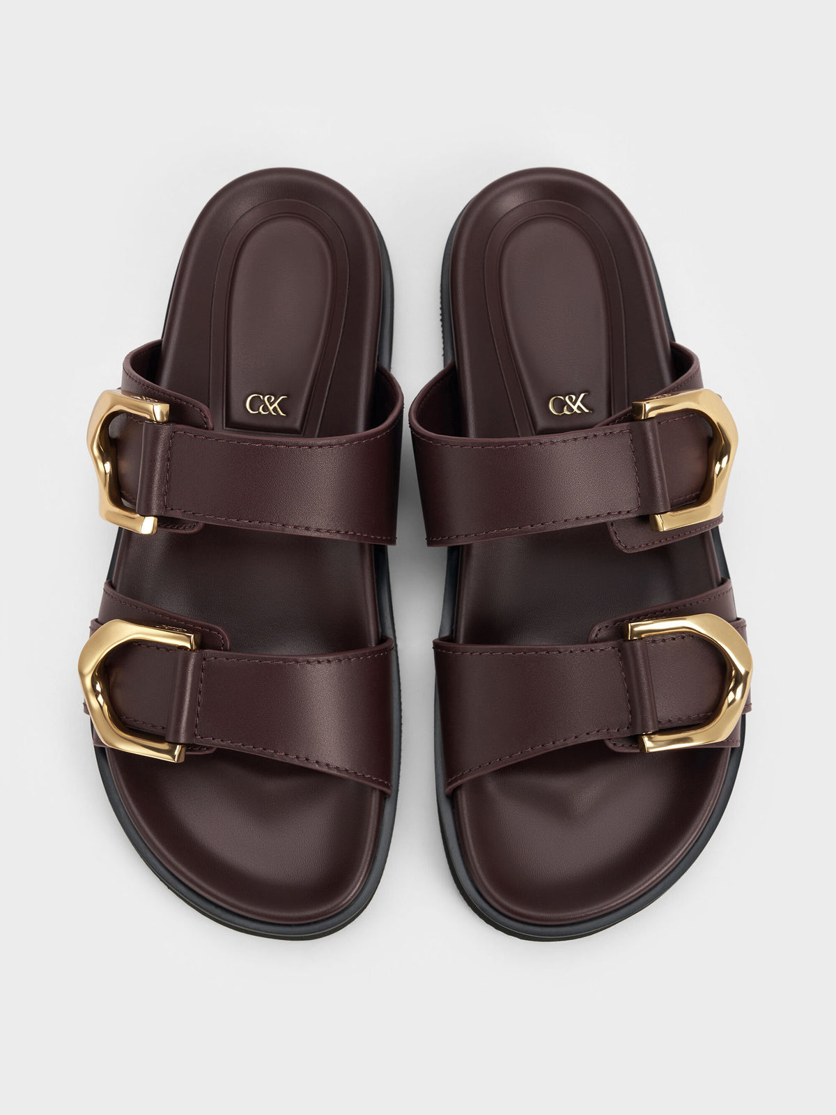 Gabine Gold-Buckle Leather Slides - Plum | CHARLES & KEITH