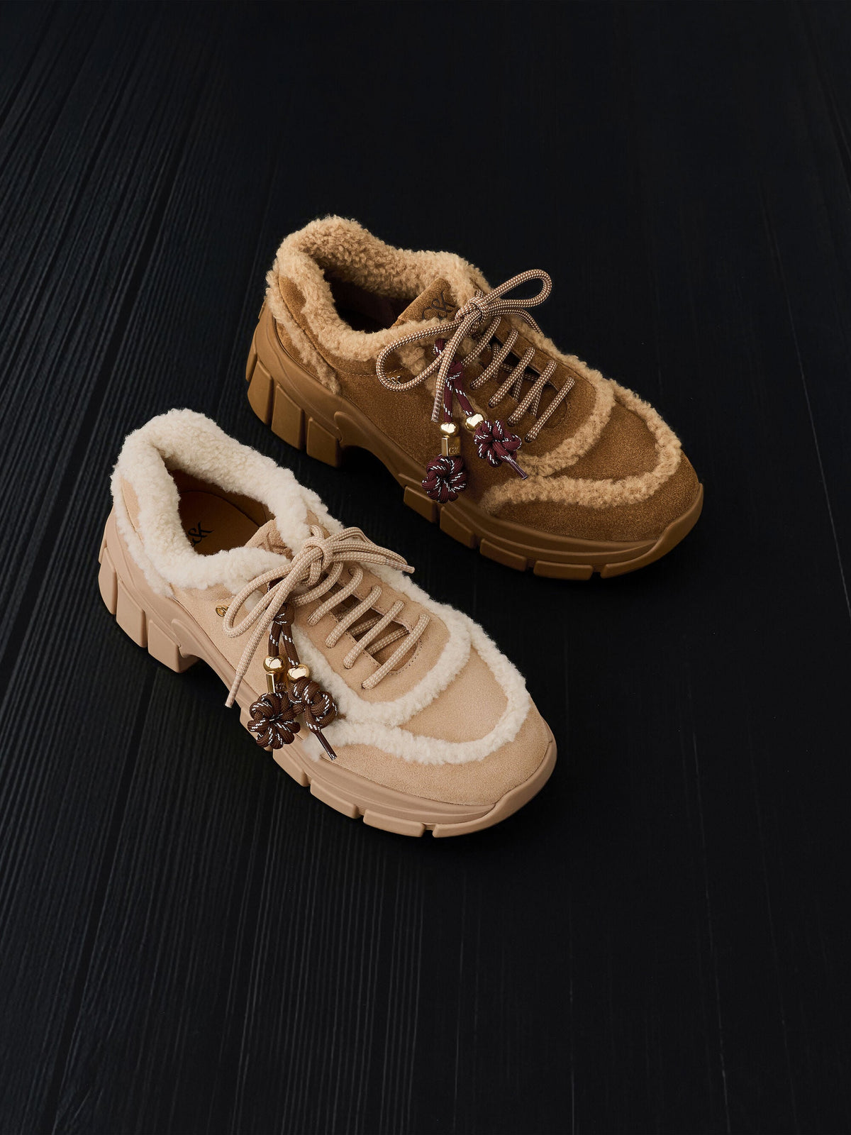 Yunna Suede & Faux Shearling Chunky Sneakers - Beige | CHARLES & KEITH