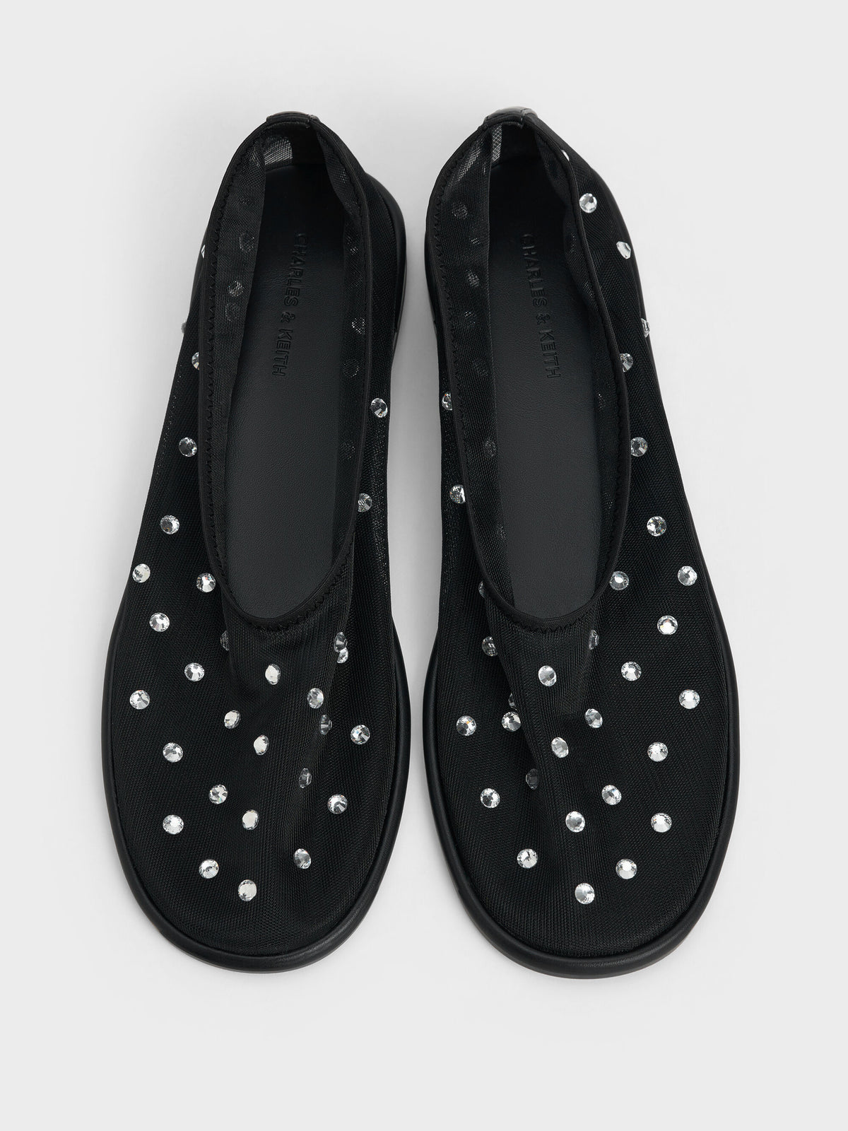 Mesh Gem-Embellished Ballet Flats - Black Textured | CHARLES & KEITH