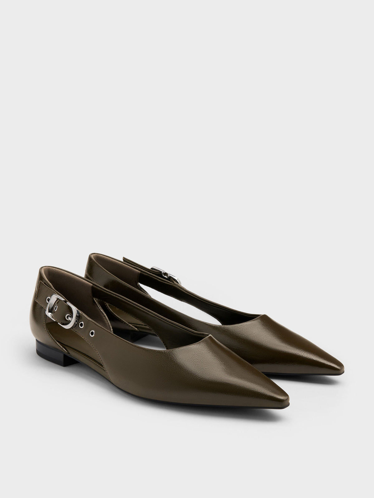 Buckled Cut-Out Ballet Flats - Olive | CHARLES & KEITH