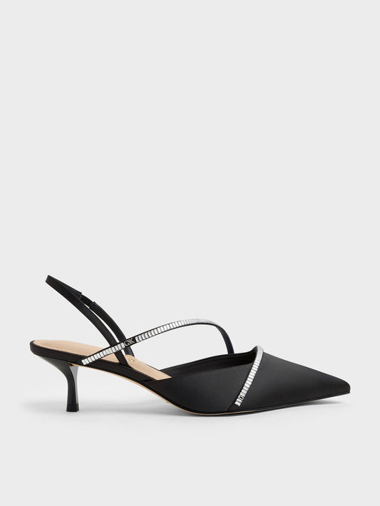 Gem Slingback Kitten Heels - Black Textured | CHARLES & KEITH