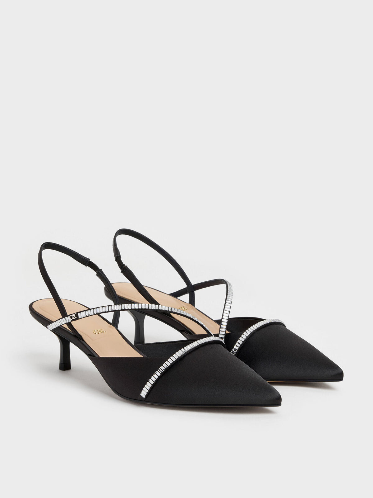 Gem Slingback Kitten Heels - Black Textured | CHARLES & KEITH