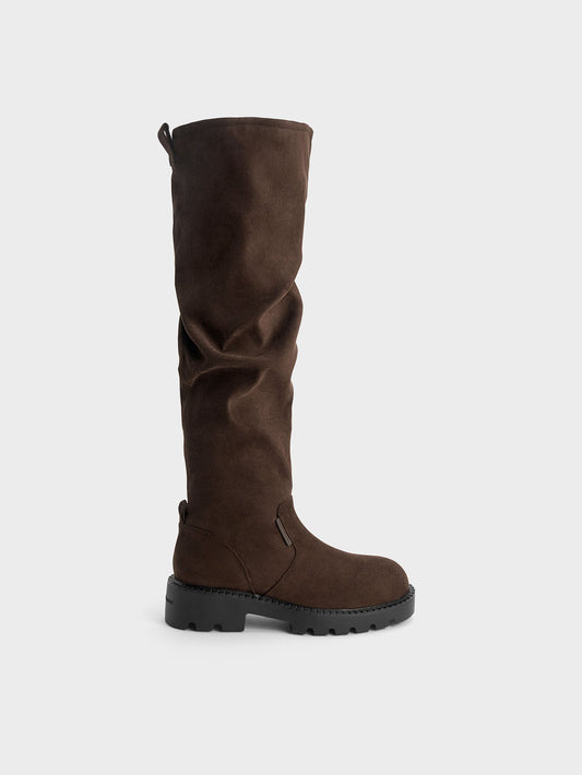 Camilla Faux Suede Thigh-High Boots - Dark Brown Textured | CHARLES & KEITH
