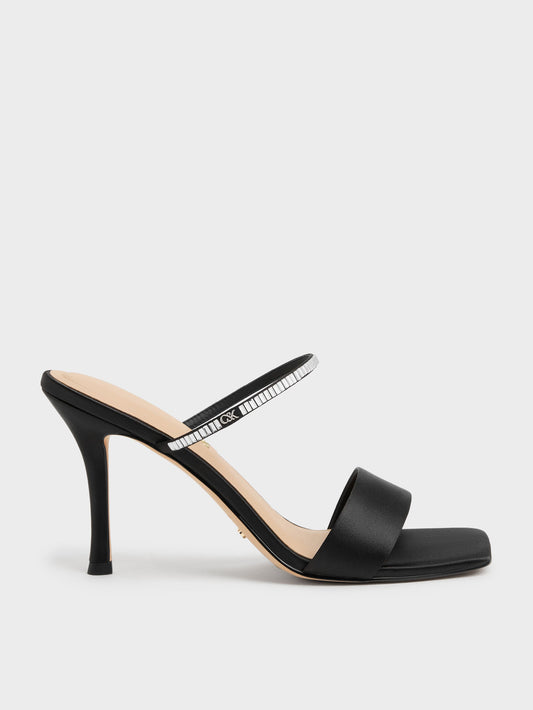 Gem Heeled Mules - Black Textured | CHARLES & KEITH