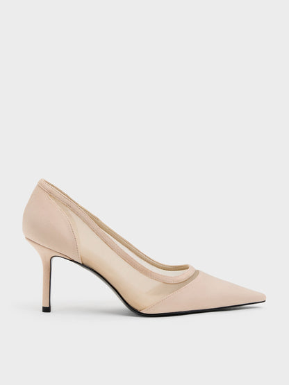 Faux Suede & Mesh Pointed Pumps - Beige | CHARLES & KEITH