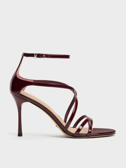Patent Leather Strappy Stiletto Sandals - Burgundy | CHARLES & KEITH