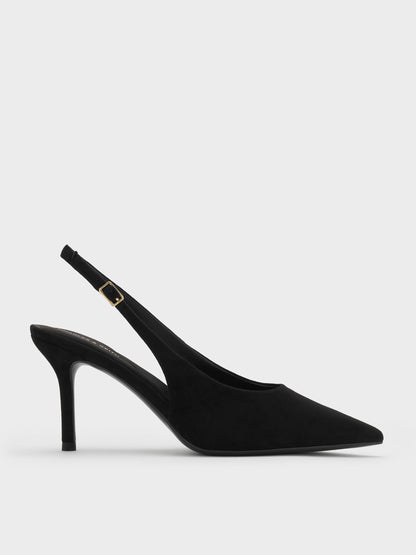 Emelia Faux Suede Slingback Pumps - Black Textured | CHARLES & KEITH