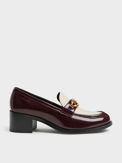 Two-Tone Metallic-Buckle Loafer Pumps - Burgundy | CHARLES & KEITH