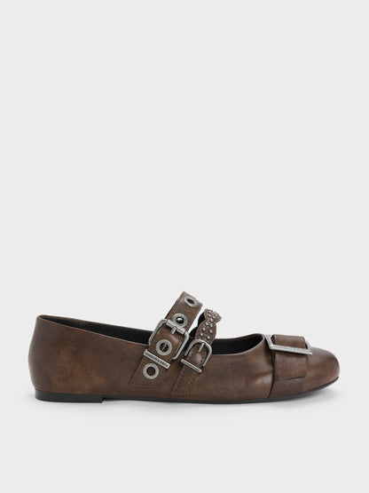 Aether Grommet Studded Mary Jane Flats - Dark Brown | CHARLES & KEITH