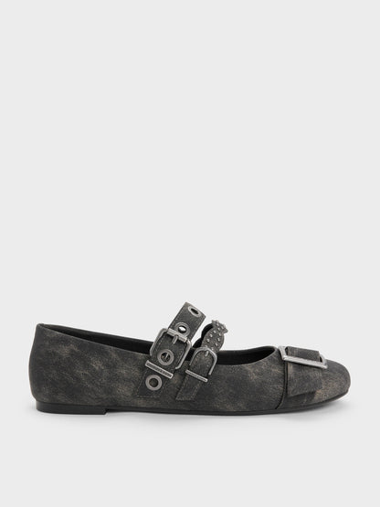 Aether Grommet Studded Mary Jane Flats - Dark Grey | CHARLES & KEITH