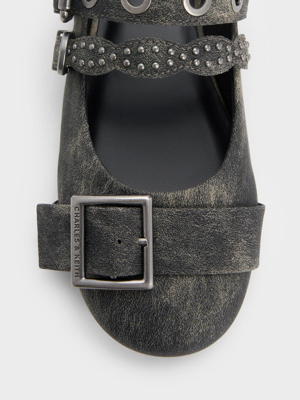 Aether Grommet Studded Mary Jane Flats - Dark Grey | CHARLES & KEITH