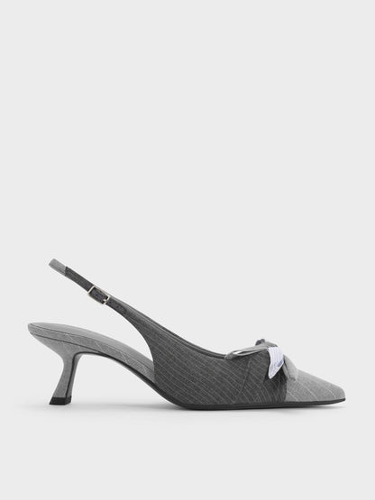 Striped Knot-Bow Pointed Slingback Pumps - Grey | CHARLES & KEITH