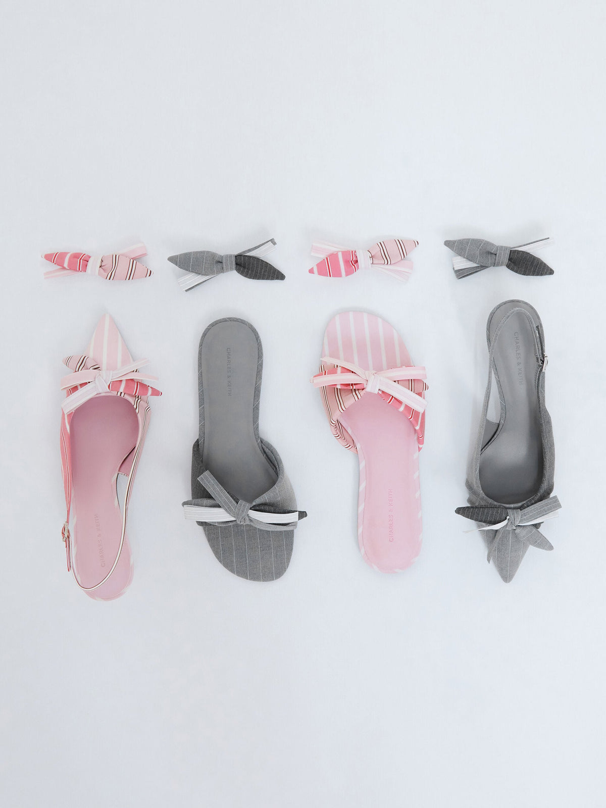 Striped Knot-Bow Pointed Slingback Pumps - Grey | CHARLES & KEITH