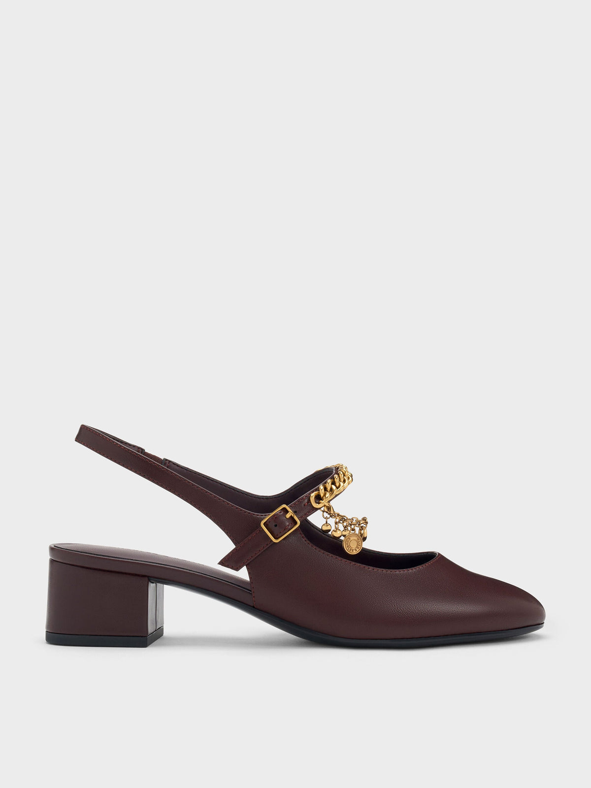 Double-Chain Charm Mary Jane Slingback Pumps - Burgundy | CHARLES & KEITH