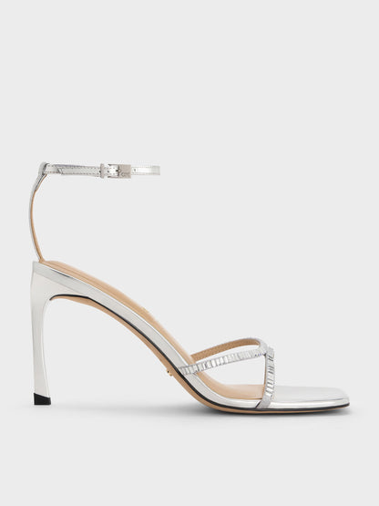 Jaylene Metallic Leather Gem Stiletto Sandals - Silver | CHARLES & KEITH