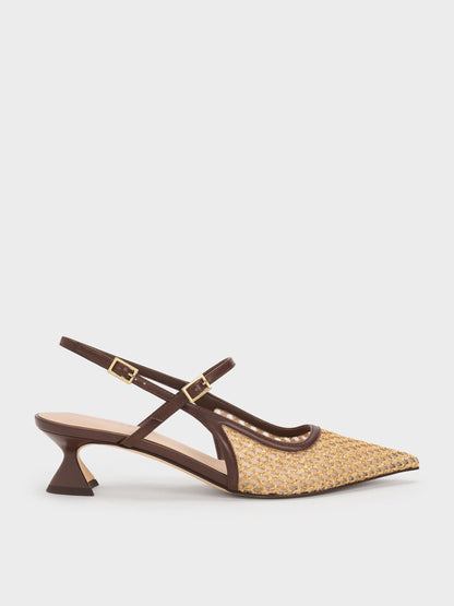 Raffia Sculptural-Heel Slingback Pumps - Dark Brown Textured | CHARLES & KEITH