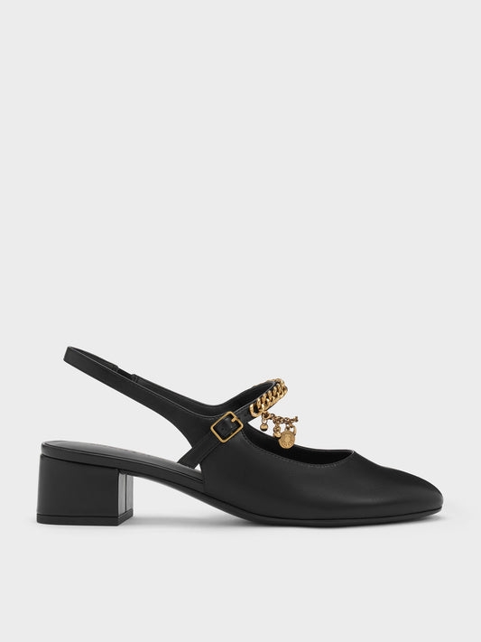 Double-Chain Charm Mary Jane Slingback Pumps - Black | CHARLES & KEITH