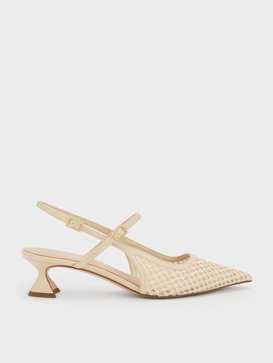 Raffia Sculptural-Heel Slingback Pumps - Beige | CHARLES & KEITH