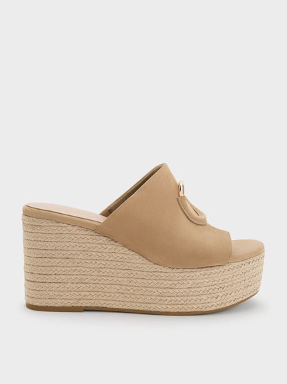 Faux Suede Metallic-Accent Espadrille Wedges - Sand | CHARLES & KEITH