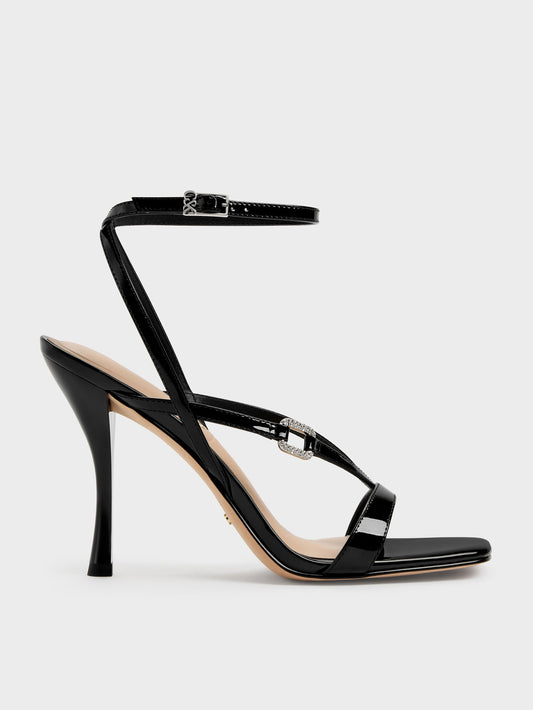 Patent Leather Crystal-Buckle Ankle-Strap Heels - Black Patent | CHARLES & KEITH