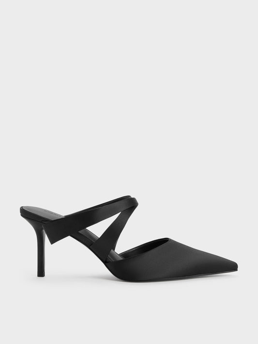 Satin Pleated-Strap Heeled Mules - Black Textured | CHARLES & KEITH