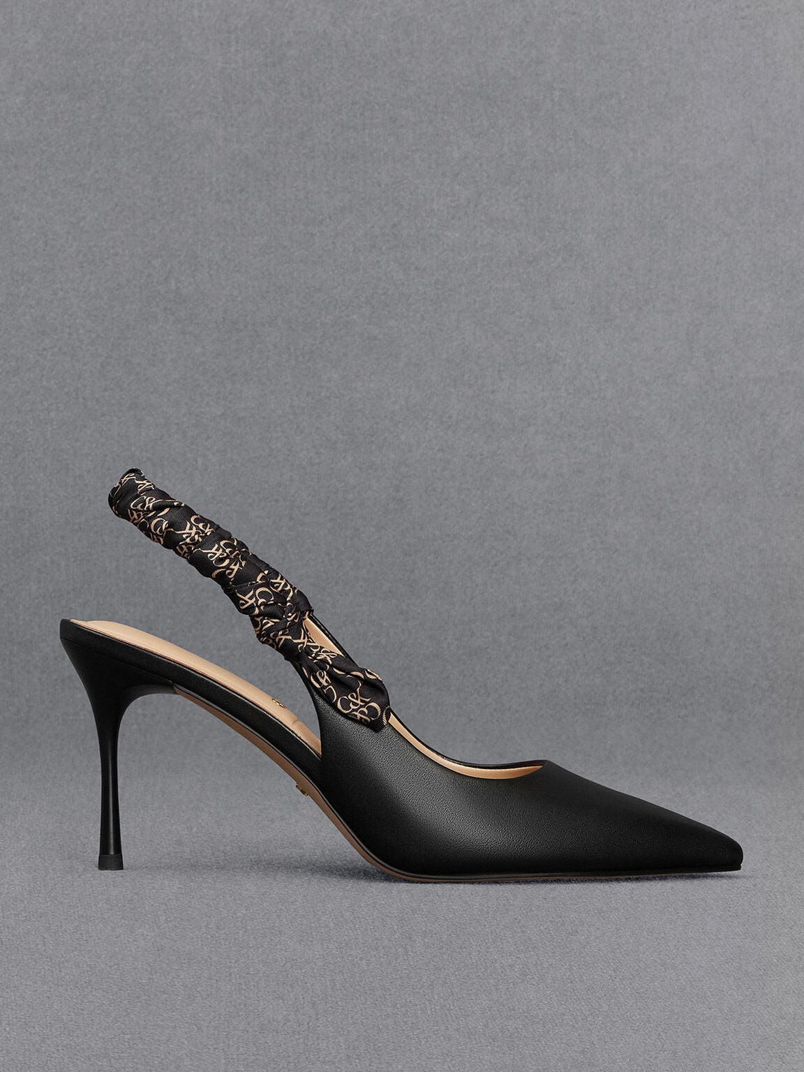 Tully Leather Ruched Print Slingback Pumps - Black | CHARLES & KEITH