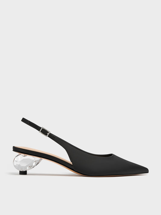 Pointed Crystal-Heel Slingback Pumps - Black Textured | CHARLES & KEITH