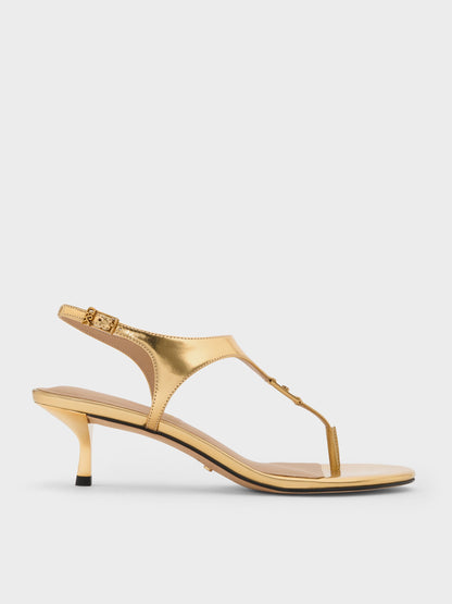 Metallic Leather Thong Kitten Heels - Gold | CHARLES & KEITH