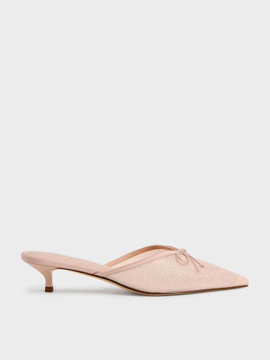 Glittered Mesh Bow Kitten Heels - Pink | CHARLES & KEITH