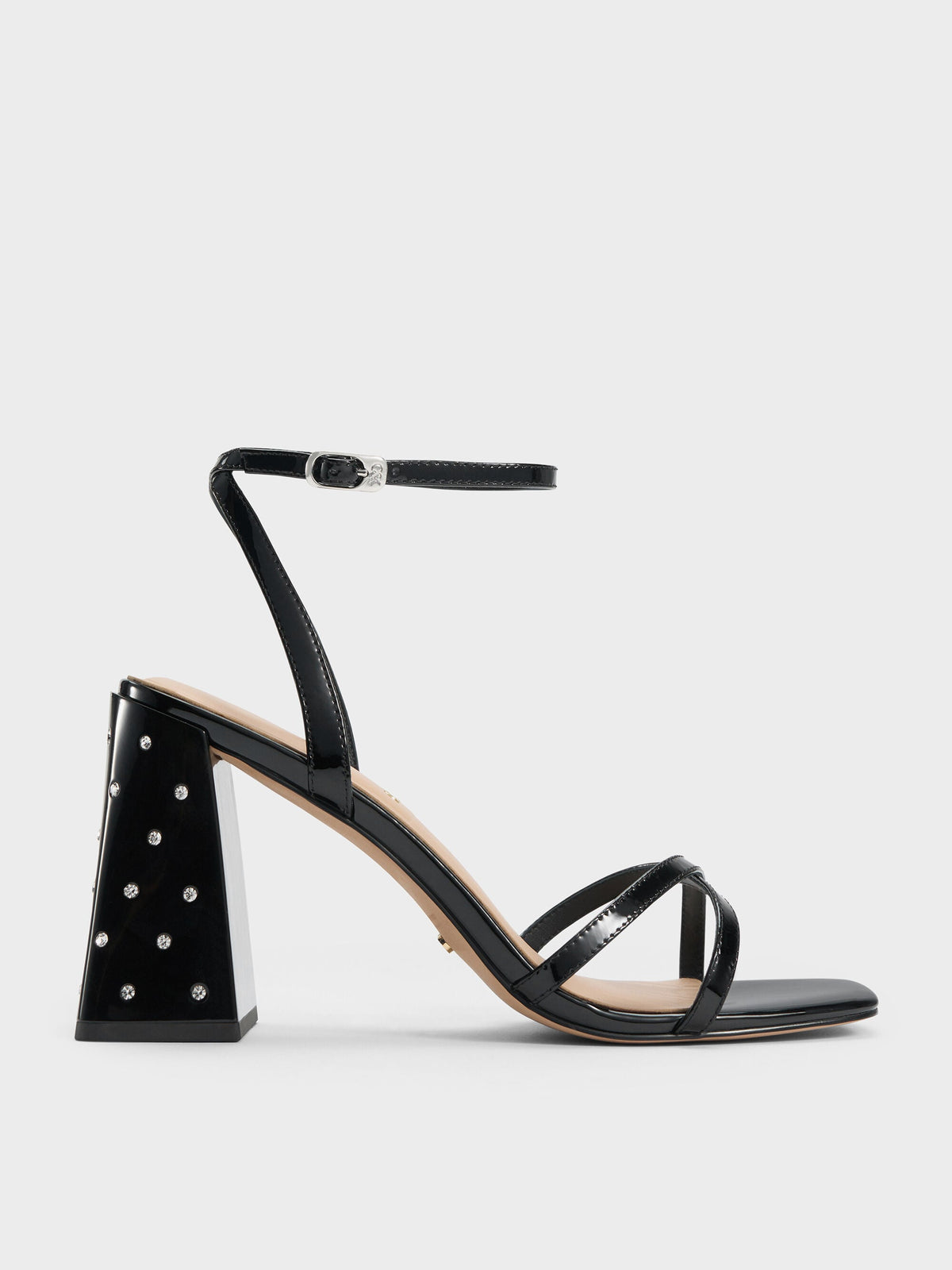 Emmaline Patent Leather Crystal Crossover Sandals - Black Patent | CHARLES & KEITH