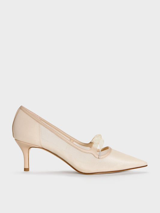 Venetia Mesh Bow Pointed Pumps - Nude | CHARLES & KEITH