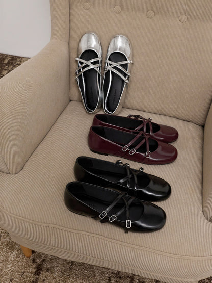 Patent Triple-Strap Mary Jane Flats - Burgundy | CHARLES & KEITH