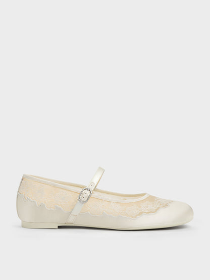 Satin Embroidered-Mesh Mary Jane Flats - White | CHARLES & KEITH