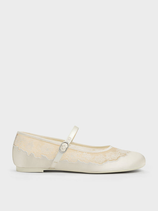 Satin Embroidered-Mesh Mary Jane Flats - White | CHARLES & KEITH