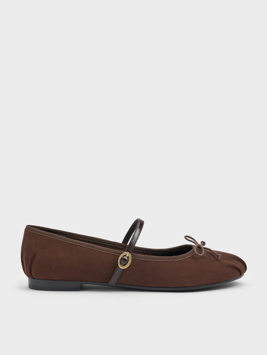Emiko Faux Suede Bow Mary Jane Flats - Dark Brown Textured | CHARLES & KEITH