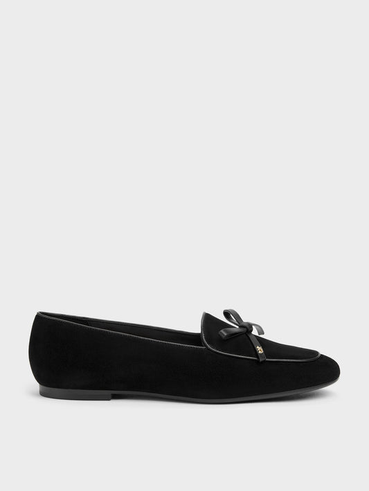 Leather & Suede Bow Loafers - Black Textured | CHARLES & KEITH