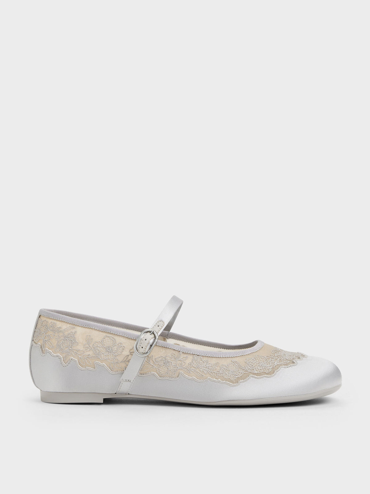Satin Embroidered-Mesh Mary Jane Flats - Silver | CHARLES & KEITH