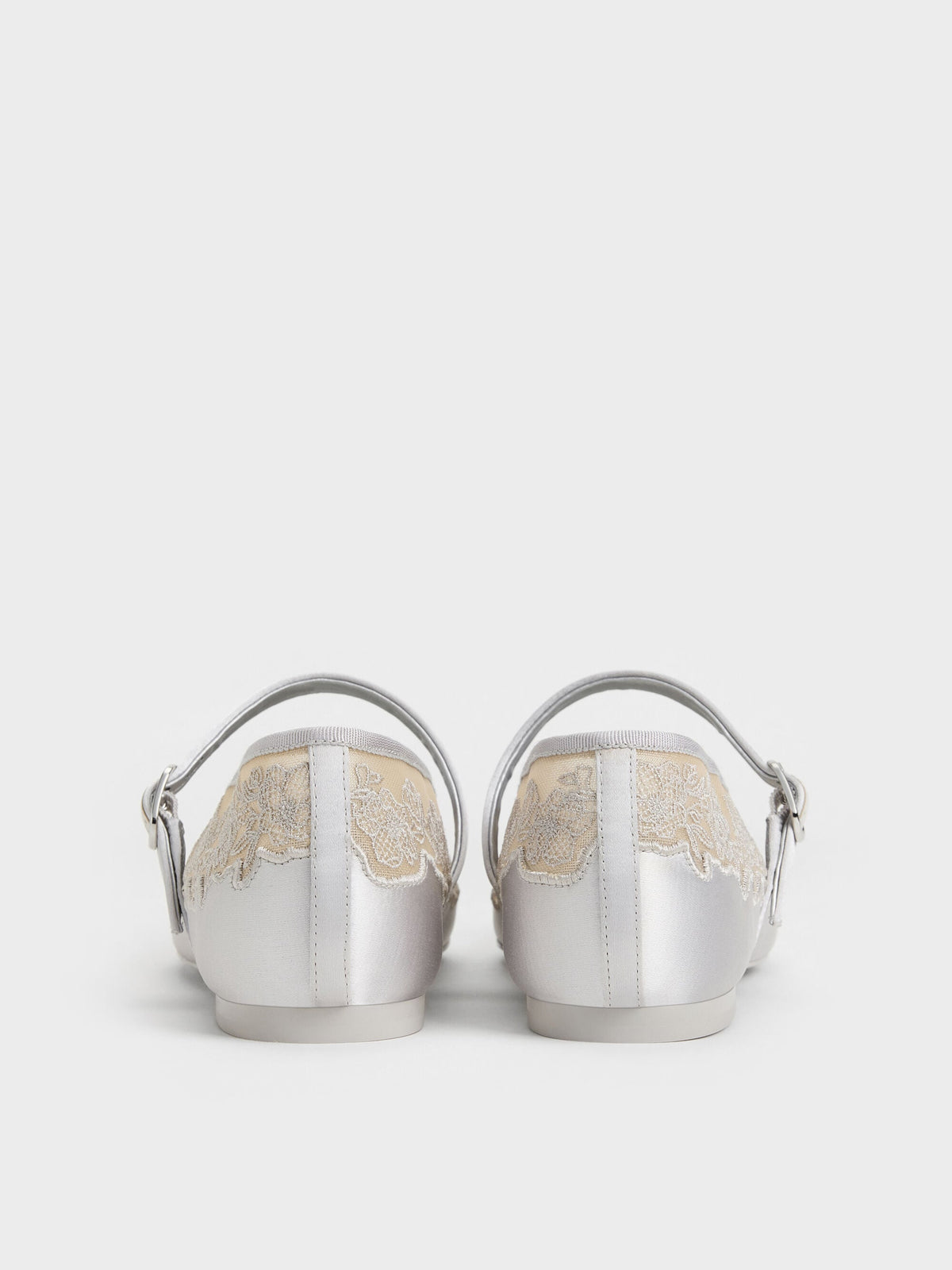 Satin Embroidered-Mesh Mary Jane Flats - Silver | CHARLES & KEITH
