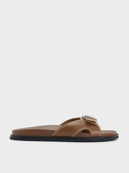 Stitch-Trim Buckled Slides - Cognac | CHARLES & KEITH