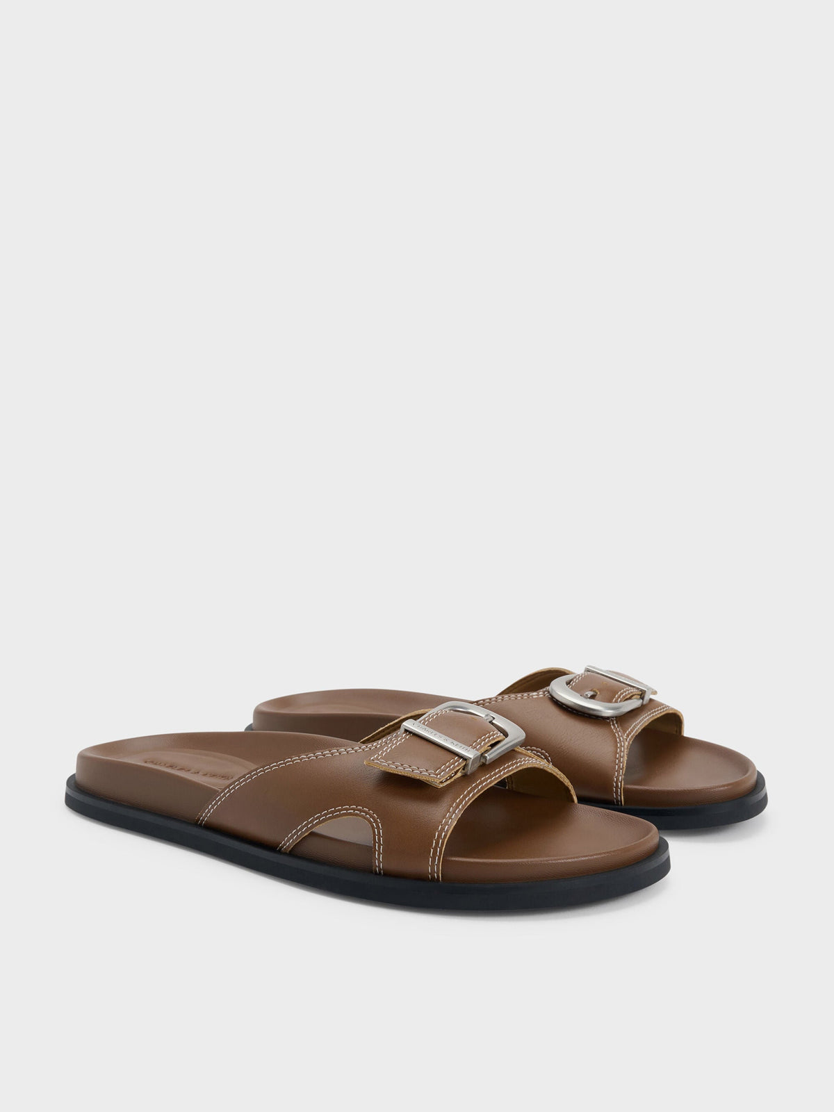 Stitch-Trim Buckled Slides - Cognac | CHARLES & KEITH