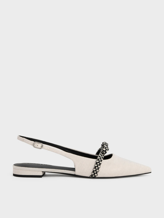 Kaleen Linen Woven-Bow Slingback Flats - Chalk | CHARLES & KEITH