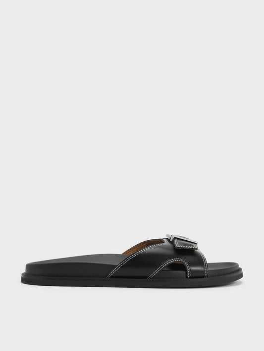 Stitch-Trim Buckled Slides - Black | CHARLES & KEITH