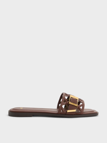 Whitney Leather Cut-Out Slide Sandals - Brown | CHARLES & KEITH