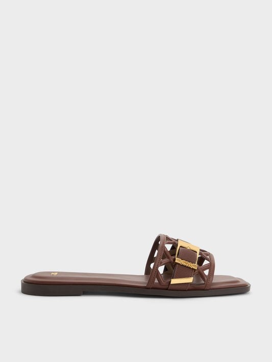Whitney Leather Cut-Out Slide Sandals - Brown | CHARLES & KEITH