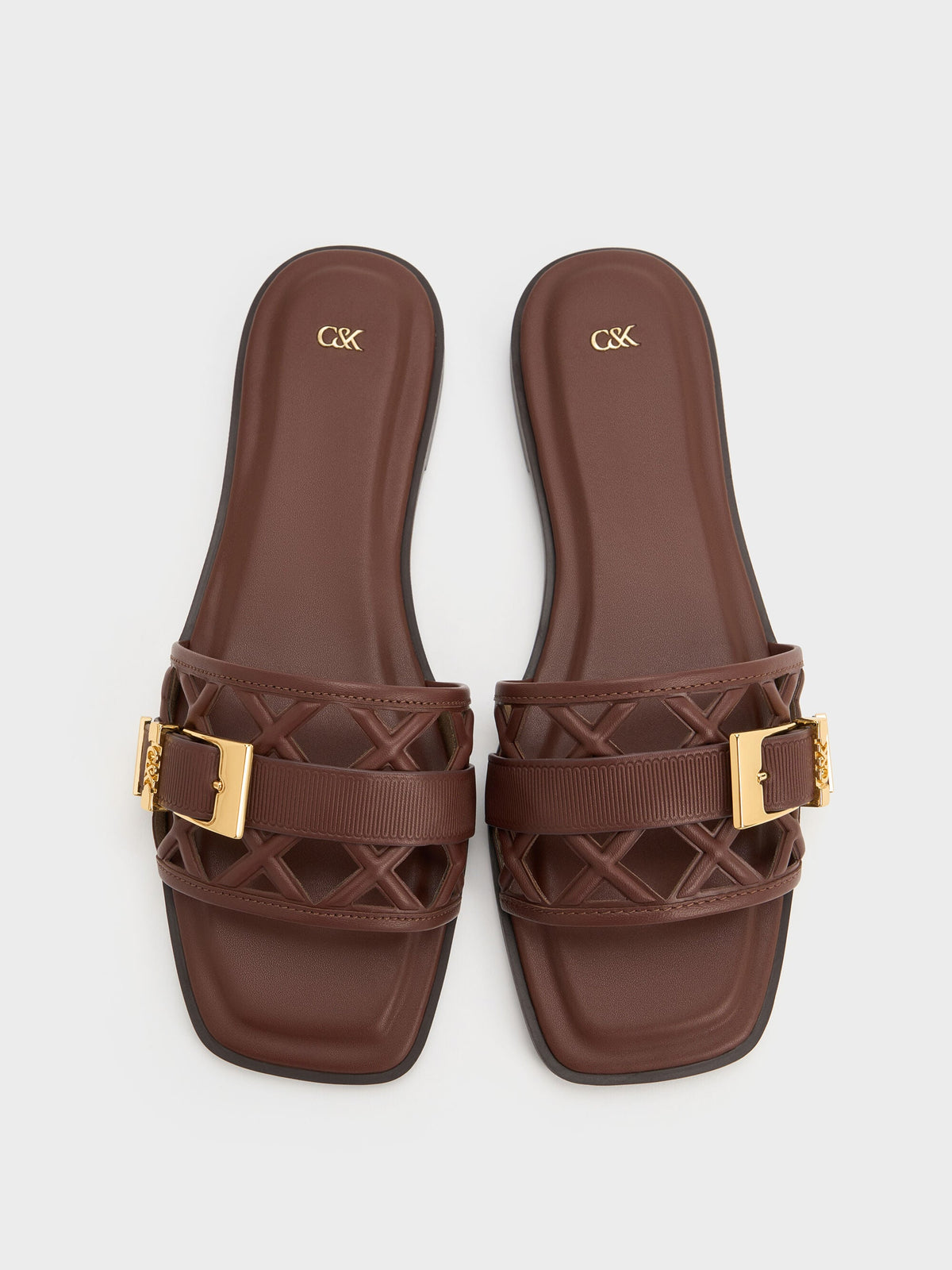Whitney Leather Cut-Out Slide Sandals - Brown | CHARLES & KEITH