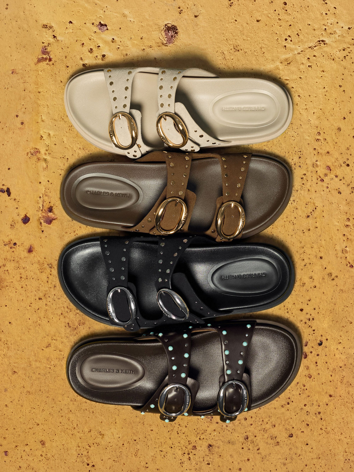 Studded Buckled Double-Strap Slides - Black | CHARLES & KEITH