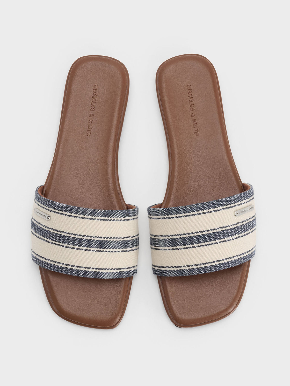 Striped Square-Toe Slide Sandals - Dark Blue | CHARLES & KEITH