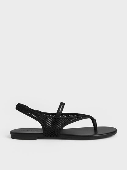 Ellory Mesh Thong Slingback Sandals - Black Textured | CHARLES & KEITH