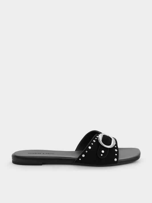 Studded Buckled Slide Sandals - Black | CHARLES & KEITH