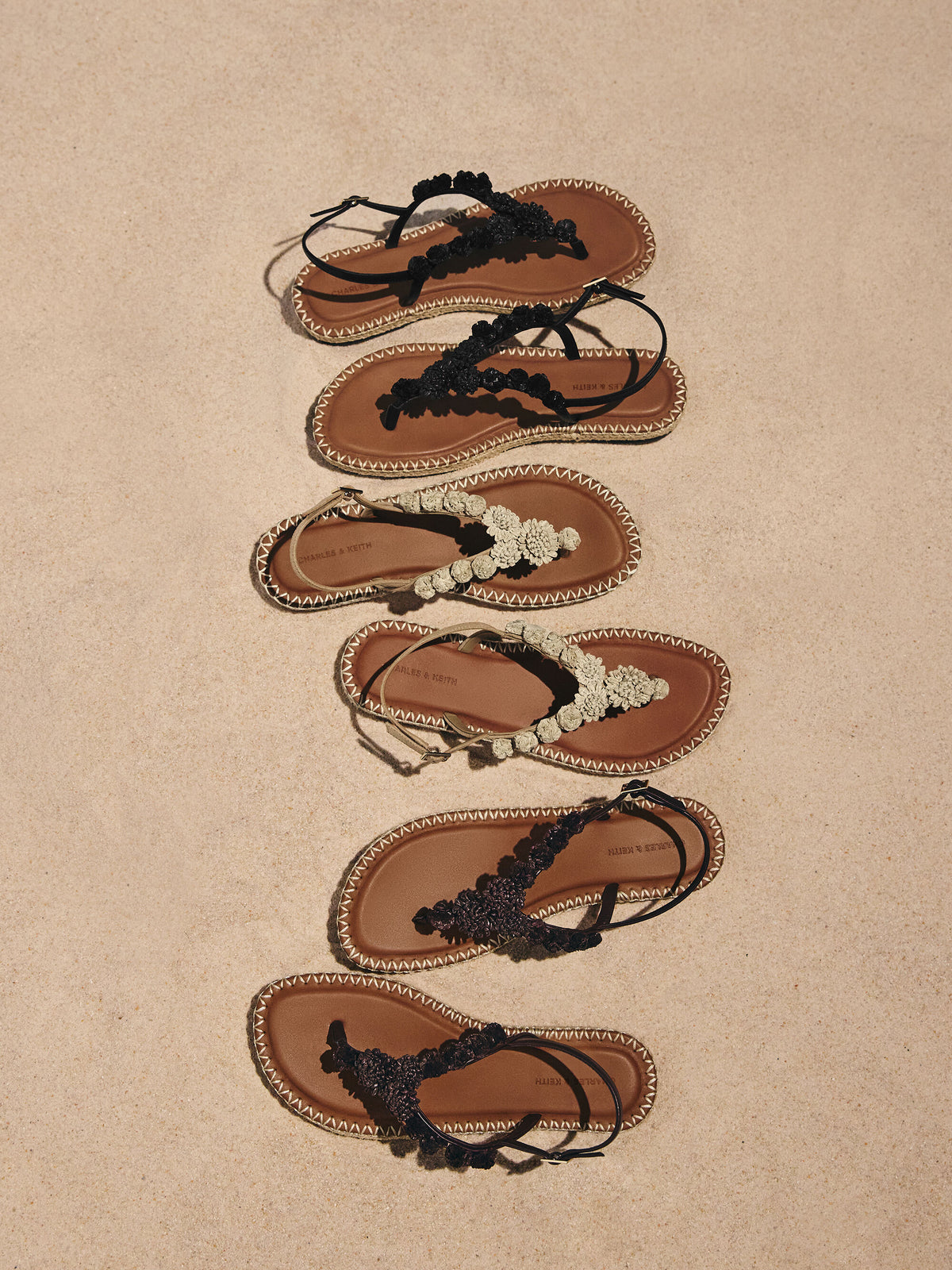 Faux Suede Flower Espadrille Thong Sandals - Sand | CHARLES & KEITH